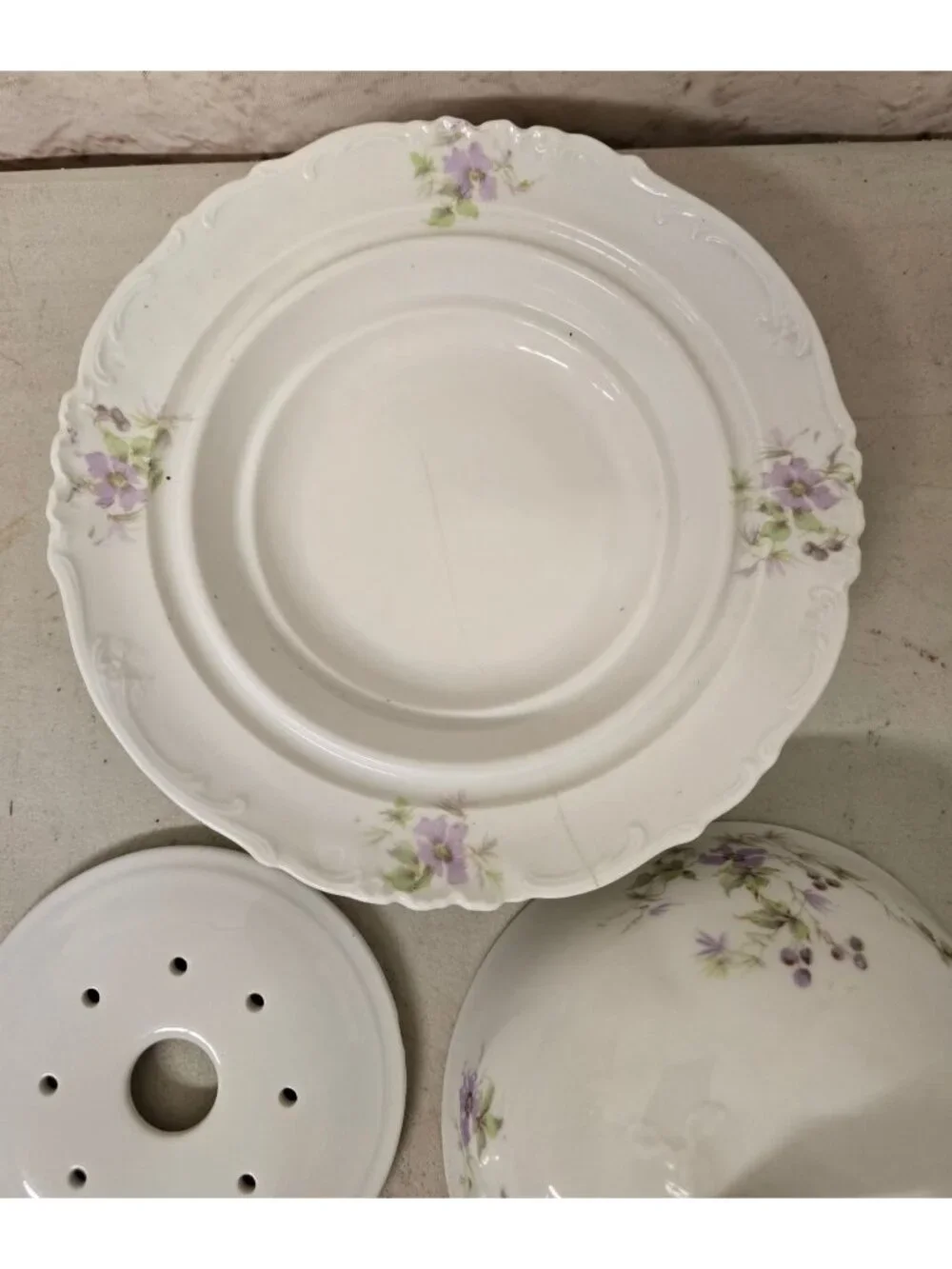 Antique Ceramic Covered Butter Dish Purple Floral Design Perforated Insert Plate